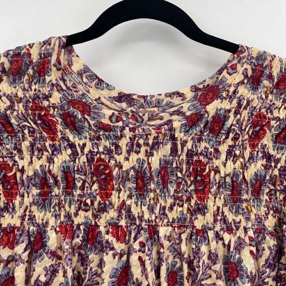 Free People Peach Combo Elastic Floral Ruffled-Up Cropped Silhouette Top Small - Picture 2 of 6